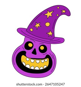 Halloween Skull Cartoon Character Face. Smiley Skeleton Bone Head  Traditional Halloween Holiday Mascot Head. Funny Monster Mask Doodle Symbol. Jack Spooky Head Icon. Cute Comic Autumn Halloween Party