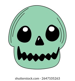 Halloween Skull Cartoon Character Face. Smiley Skeleton Bone Head  Traditional Halloween Holiday Mascot Head. Funny Monster Mask Doodle Symbol. Jack Spooky Head Icon. Cute Comic Autumn Halloween Party