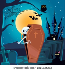 Halloween skull cartoon in coffin at night design, Holiday and scary theme Vector illustration