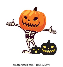 Halloween skull cartoon with pumpkin mask design, Holiday and scary theme Vector illustration