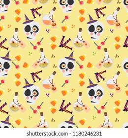 Halloween skull and colorful candy seamless pattern. Halloween concept.