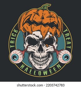 Cráneo de Halloween pegatina pintada de colores con ojos de palomitas y calabaza de linternas en la cabeza para celebrar la ilustración vectorial de All Hallow Day