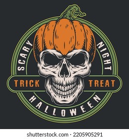 Halloween skull colorful vintage sticker with pumpkin and words scary night for holiday decorations for All Hallows Day vector illustration