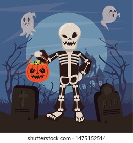 Halloween skull costume holding pumpkin cnadies basket with ghosts cartoons ,vector illustration graphic design.