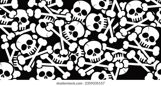 Halloween-Schädelkreuze nahtloses Muster auf schwarzem Hintergrund.  Vektorgrafik für Druckschal oder Stoff und Seide. Backupensymbol Knochentosten wiederholen.