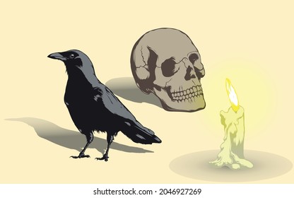Halloween skull crow candle lit beige background