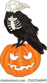 Halloween Skull Crow in Pumpkin Vector