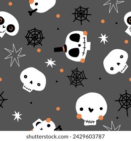 Halloween skull cute nursery seamless pattern for wrapping paper, fabric, wallpaper background, sketchbook cover design ghost, skull, bat, pumpkin cartoon character