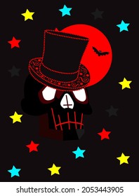 Halloween skull with cylinder hat, moonlight and stars, flat design.