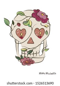 Halloween skull design. Colorful vector illustration of skull which contain flowers on the head and eyes like candles.Greeting card.