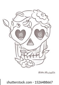 Halloween skull design, Vector bitmap or dots graphics style.Contain flowers on the head and eyes like candles.Greeting card.