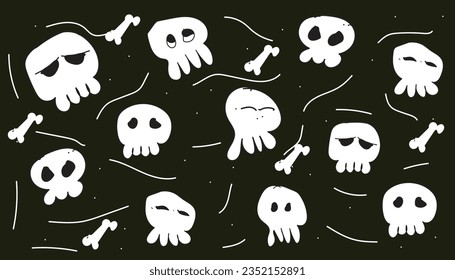 halloween skull doodle seamless vector background black
