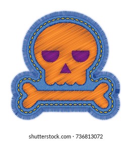 Halloween skull embroidery design. Vector color graphic illustration for print. Decorative element for needlework, patch, badge, sticker web design. Pattern on jeans texture with art stitch and fringe