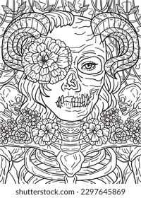 Halloween Skull Flower Coloring Page for Adults