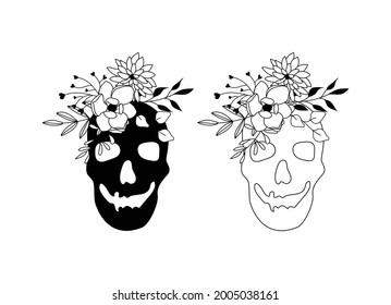 Halloween Skull with flowers vector, floral skull svg