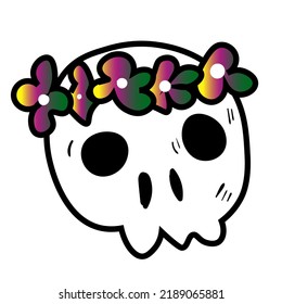 Halloween skull with flowers. Vector spooky doodle icon. Colourful illustration on white background.