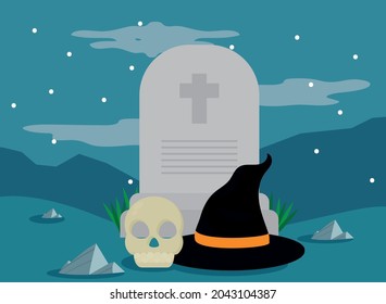 halloween skull and gravestone scene