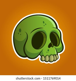 Halloween skull. Green cartoon zombie skull. Sticker isolated.