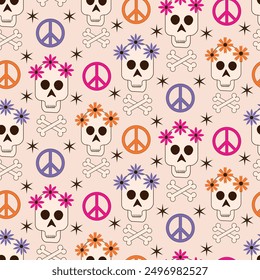 Halloween Skull with groovy flowers, peace and love signs and bones seamless pattern on white background. For Halloween decorations, day of the dead, fabric and textile 