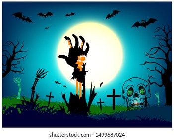 Halloween skull and Hand on blue Moon background, illustration