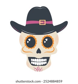 Halloween skull in hat. Mexican skeleton isolated on white background. Day of the dead. Dia muertos dead spooky skull. 