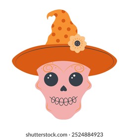 Halloween skull in hat. Mexican skeleton isolated on white background. Day of the dead. Dia muertos dead spooky skull. 