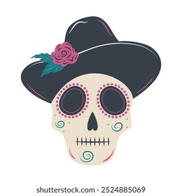 Halloween skull in hat. Mexican skeleton isolated on white background. Day of the dead. Dia muertos dead spooky skull. 