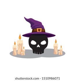 halloween skull with hat of witch and candles