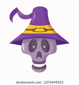 HALLOWEEN SKULL HEAD WEARING WITCH HAT, SIMPLE FLAT DESIGN