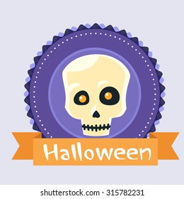 Halloween Skull Human Head Badge Banner Scary Face Flat Vector Illustration