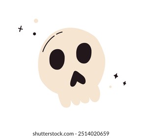 Cráneo de Halloween aislado en el fondo blanco. Linda cabeza de hueso humano fantasma. Día espeluznante muerte cara de horror. Vector plano dibujado a mano ilustración