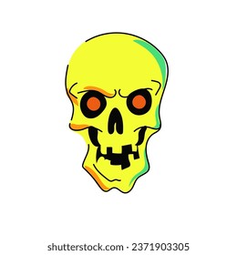 Halloween skull isolated. Yellow bright skull with glowing eyes. Human skull with an evil facial expression. Front view. Hand drawn. Vector illustration.
