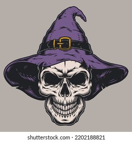 Halloween skull logotype colorful vintage with purple witch hat for masquerade ball in honor All Saints Day party vector illustration