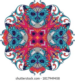 Halloween Skull. Mandala of Day of The Dead colorful butterfly skull with floral ornament and flower 
