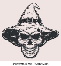 Halloween skull monochrome emblem vintage intimidate face in witch hat with big eyes and scary smile vector illustration