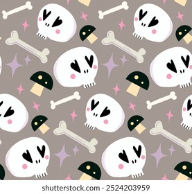 Halloween skull and mushrooms seamless pattern