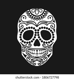 Halloween skull with ornament. Illustration of a sugar skull isolated silhouette. Template for tattoo. Human skull on the theme of pirates.