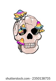 Halloween Skull overgrown with mushrooms as design element. Hand drawn digital illustration. Isolated on white background.