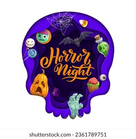 Halloween skull paper cut with holiday sweets and pumpkin. Vector spooky zombie hand monster, witch potion and bat with 3d papercut layers, Halloween trick or treat candies, cookies, cake and cobweb