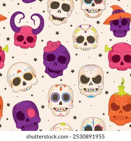 Halloween Totenschädel Muster mit gespenstischen und dekorativen Designs, Vektor