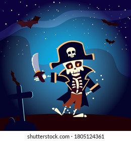 Halloween skull pirate cartoon at night design, Holiday and scary theme Vector illustration