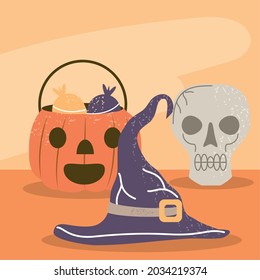 calabaza de cráneo de halloween y sombrero