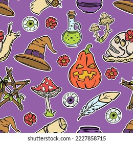 HALLOWEEN SKULL Pumpkin Hat Cauldron Poison Snail And Other Witchcraft Elements Flat Design With Stroke Cartoon Hand Drawn Seamless Pattern Vector Illustration