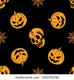 HALLOWEEN SKULL PUMPKIN SPIDER WEB SEAMLESS PATTERN ORANGE BLACK BACKGROUND