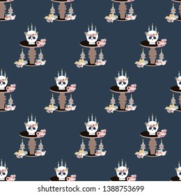 Halloween skull seamless pattern on the blue background. Vector illustration