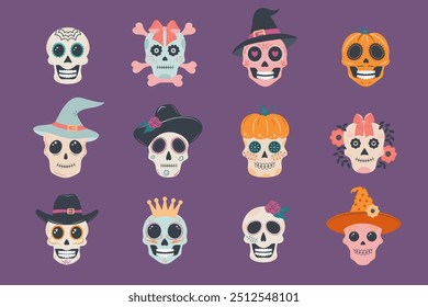 Halloween skull set. Mexican skeletons collection. Day of the dead. Dia muertos dead spooky skulls. 