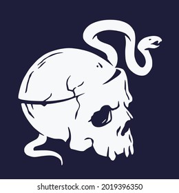Halloween skull with snake for skeleton design. Halloween undead and walking dead. Fear, horror and spooky zombie element for design dark party of happy halloween