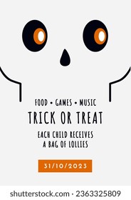 Halloween skull vector illustration. Poster of a skeleton for Halloween. Vector skeleton face with tricks or treats for Halloween party. SHOTLISTspooky