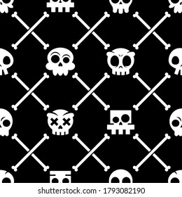 Halloween skull vector seamless pattern, Mexican cute skulls with bones design, Dia de los Muertos white ornament on black background. Repetitive wallpaper in black - cartoon skulls.