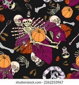 Halloween Skull vector seamless pattern with bones and pumpkins and leaf, background. Design elements for stickers, social networks. For printing packaging, cards, designers, clothes, icon, logo